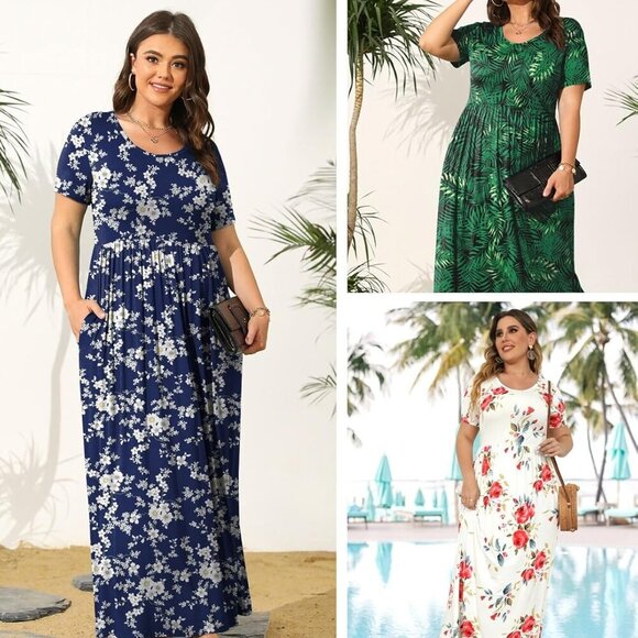 Plus Size Maxi Dress Rayon Spandex Short Sleeve Pockets Casual Summer - Picture 4 of 5